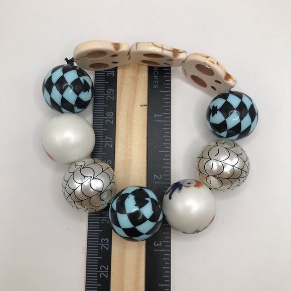 Womens Halloween Michael Blue Checkered Skull Spiderweb Bubblegum Bead Bracelet - Picture 4 of 5